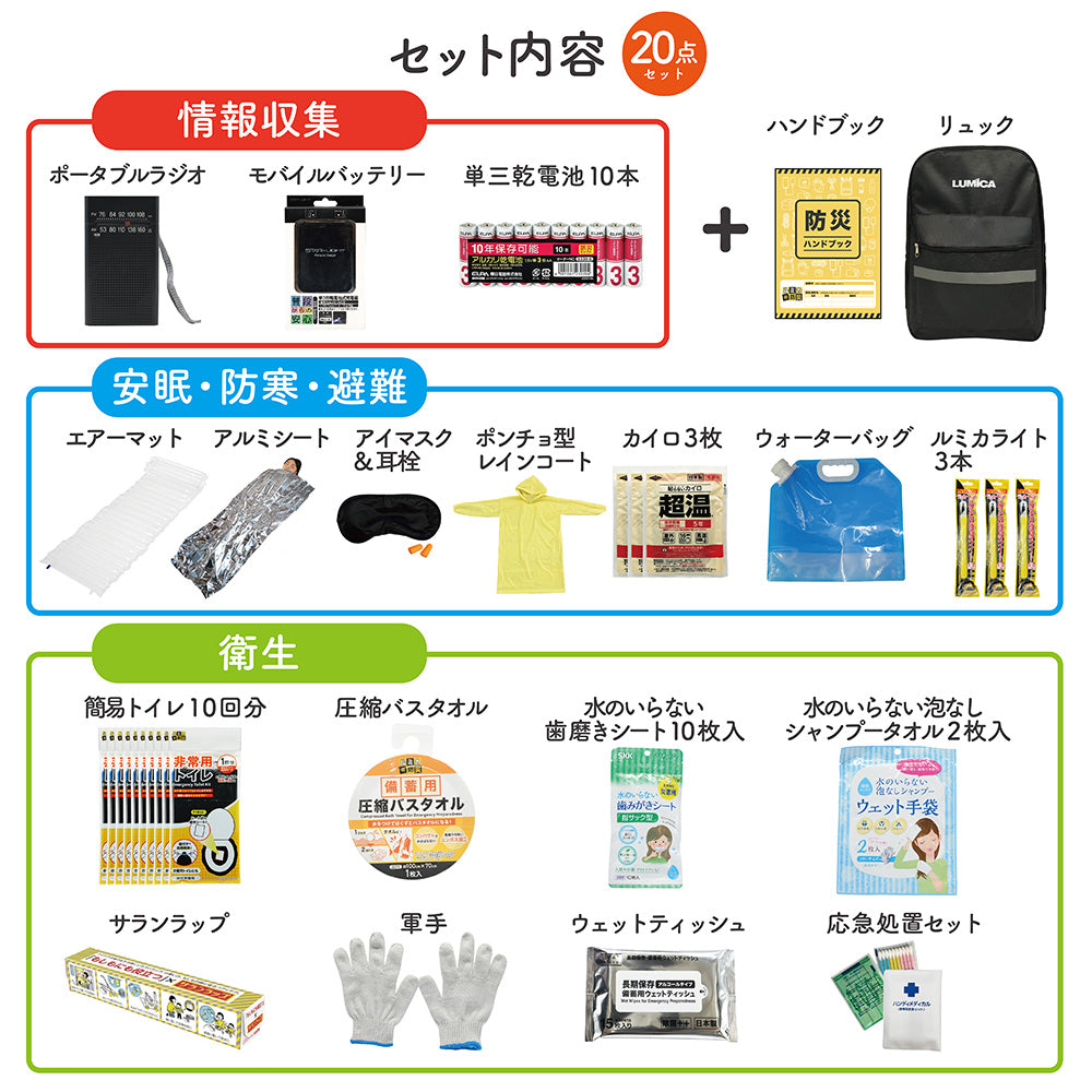 ルミカライトが入った防災バッグ20点セット